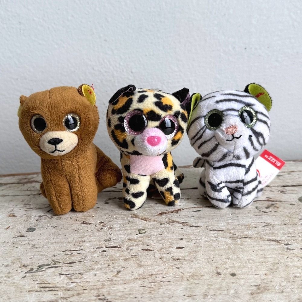 Ty Beanie Boos Mini Plush Lot Livvie Leopard Blizz White Tiger Brown Bear 3pc